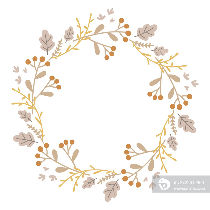 Autumn wreath. Fall. Hand drawn leaves, plants, branches. Good for Thanksgiving greeting cards, invitations, flyers and other graphic design