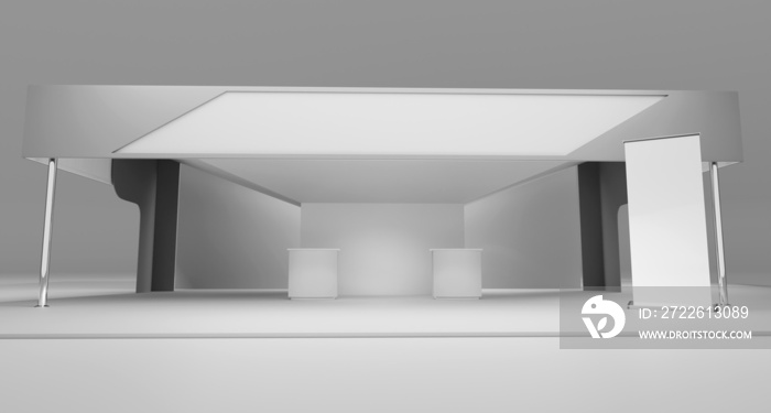 3D exhibition booth for mockup. Blank empty promotional stand. Background for online event, conference. 3D render