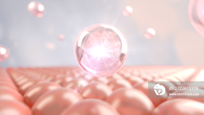 Glow pink bubbles drop to cell skin.Beauty cosmetic protect and anti aging with laboratory and science conceptual.