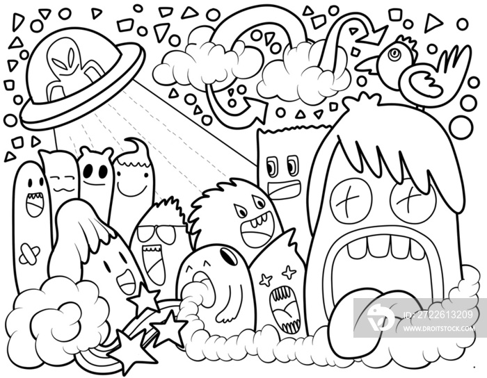 Hand-drawn illustrations, monsters doodle, Hand Drawn cartoon monster illustration,Cartoon crowd doodle hand-drawn Doodle style.black and white stripes coloring  book.