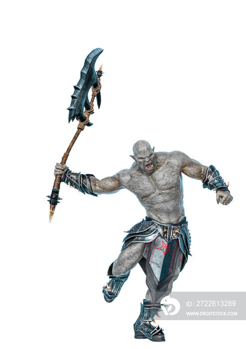 green orc holding a huge axe in a white background side view