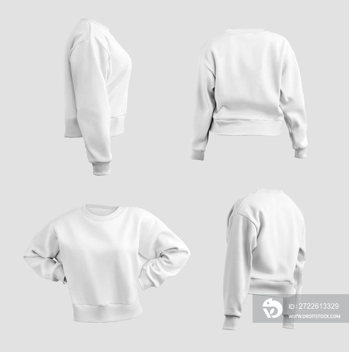 Mockup of women’s white crop top sweatshirt, shirt canvas bella 3D rendering, isolated on background. Set