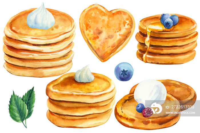 set of pancakes on an isolated white background, watercolor illustration