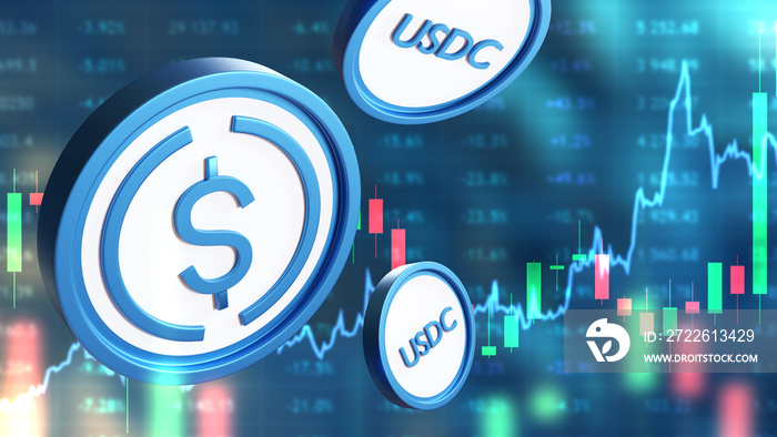 USDc coins. Electronic money. Digital dollar. USDc stablecoin. USD coin. Electronic dollar. USDc investment. Buying and selling digital money. Crypto trading. Investments in cryptocurrencies. 3d image