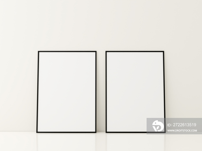 Frame with poster mockup standing on the white floor. minimalist frame mockup. 3d rendering