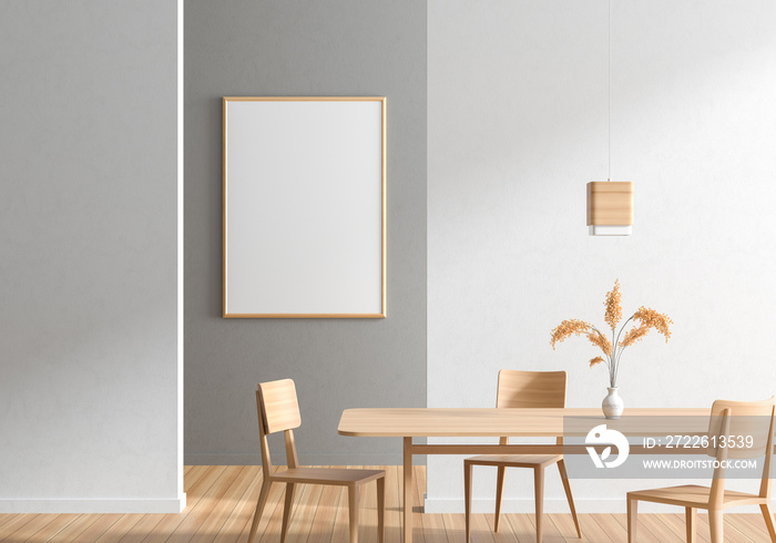 Mock up poster frame in Scandinavian style dining room with wooden chairs and table.  Minimalist dining room design. 3D illustration.