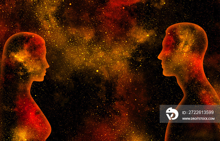 Female and male shining silhouettes on a background of yellow and red starry universe