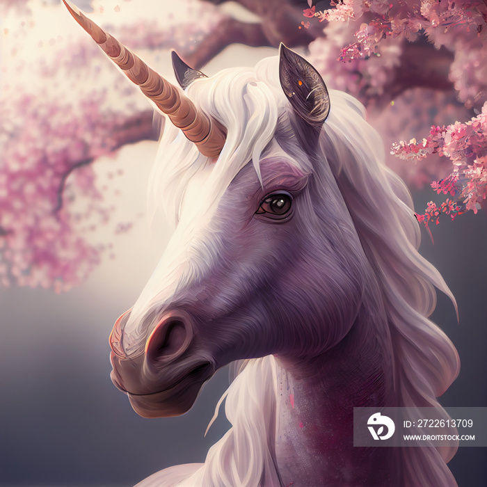 Cute fantasy unicorn under cherry blossom sakura tree illustration