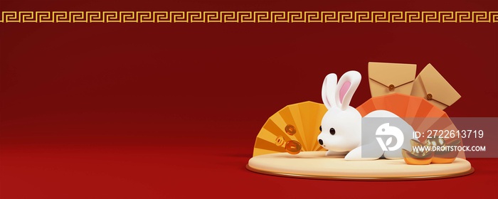 3D Render Of Cartoon Rabbit With Qing Dynasty Coins, Ingot, Envelopes, Paper Fans And Copy Space On Red Background.