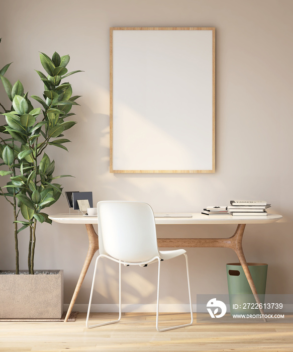 Mockup blank wooden photo frame gallery on the white beige wall in contemporary style room above modern working desk, chair and house plants in morning sunlight. 3D render for poster frame template.