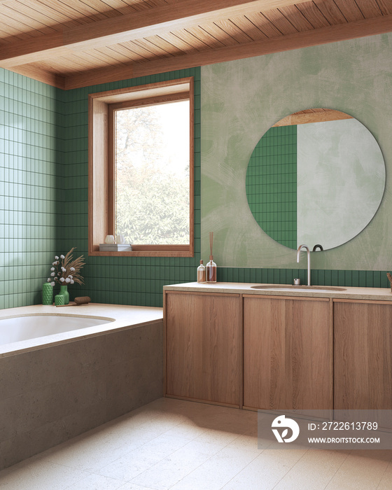 Wooden boho bathroom in green and beige tones. Marble bathtub and washbasin. Japandi farmhouse interior design