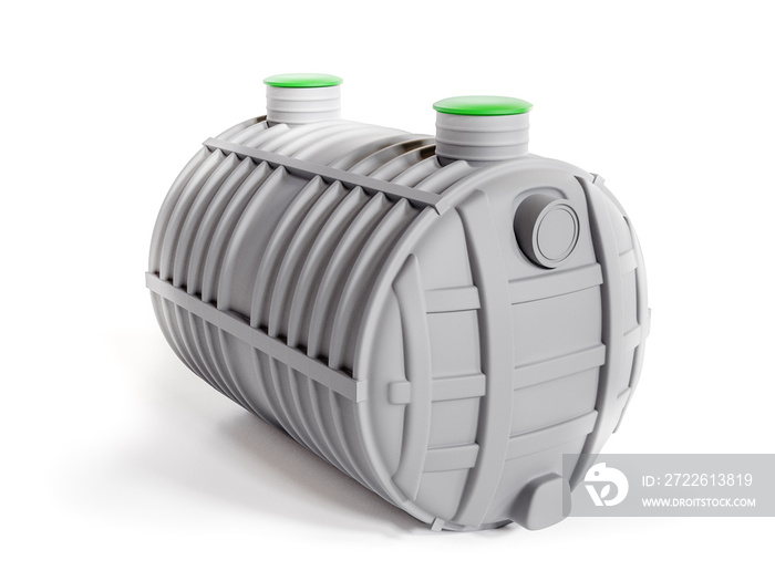 Household plastic two-chamber septic tank on white