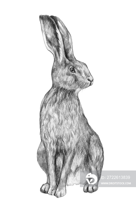 Graphic hand-drawing in pencil. Sketch of a hare isolated on white. Vintage style. Realistic drawing of a rabbit.