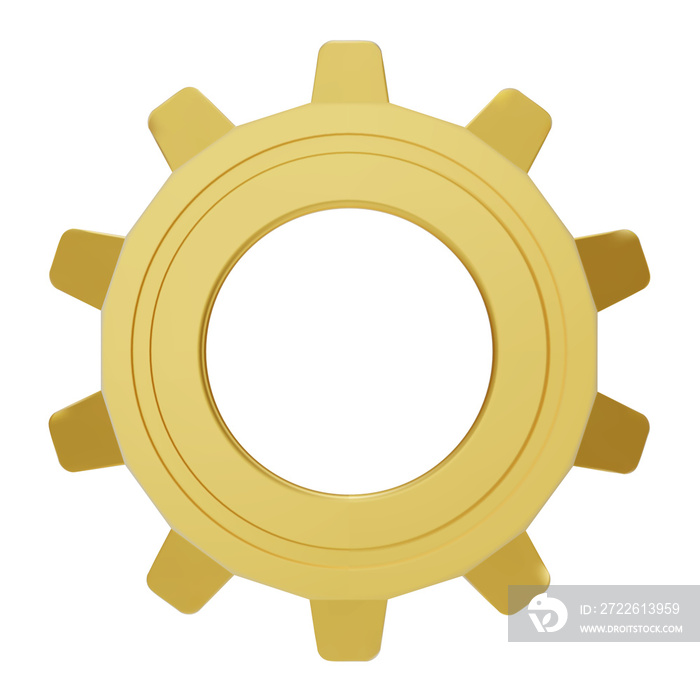 3D gold Gear icon. Golden Transmission cogwheels and gears are isolated on white background. Yellow Machine gear, setting symbol, Repair, and optimize workflow concept. 3d  illustration.