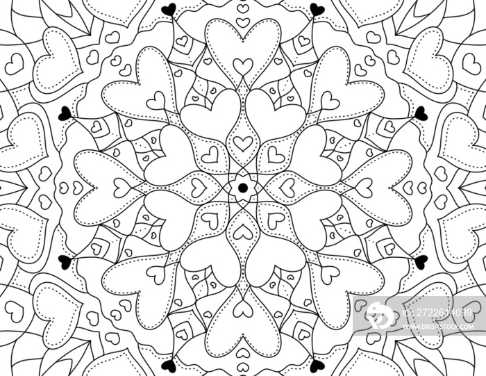 Heart shaped mandala coloring page. Colouring book for adults for self love and stress relief. Romantic motives to color