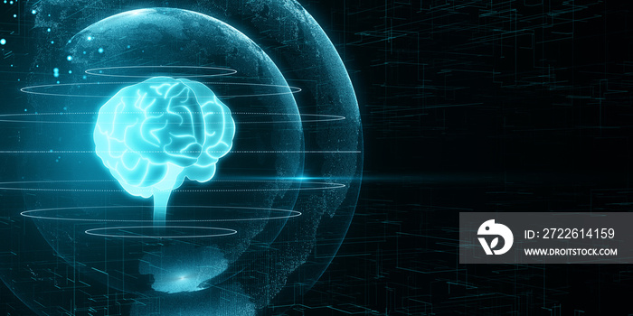 creative glowing polygonal brain sphere hologram on blurry dark background. Neurology research, artificial intelligence concept. 3D Rendering.