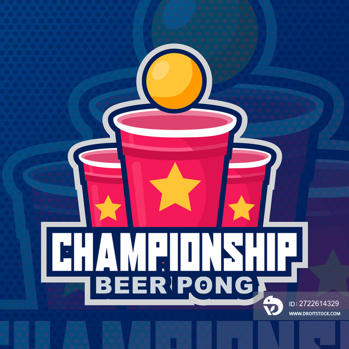 Beer pong party logo or game label. Beer pong modern poster illustration.Beer Pong Tournament logo