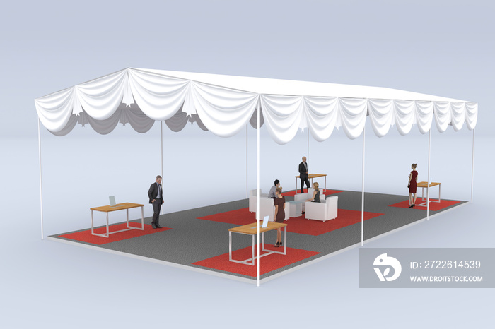 3d illustration tent white outdoor with flooring carpet stand booth and sofa table lounge area for event exhibition. High resolution image isolated.