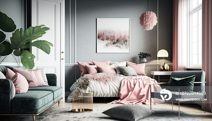 Modern home interior bedroom with pink accents, large sofa, picture