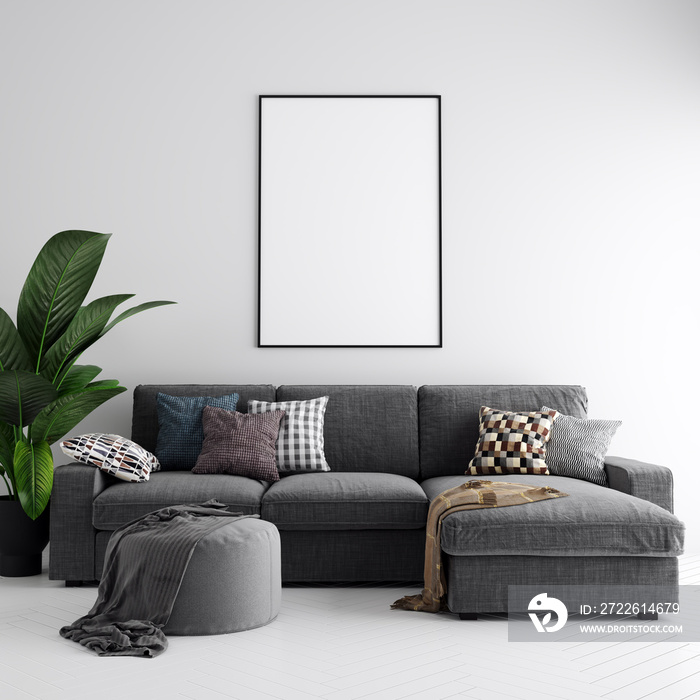 Poster Frame Mockup Interior with Decorations – 3d Illustration, 3d Rendering