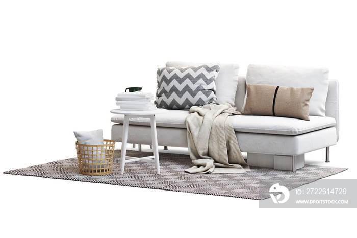Modern furniture set with sofa, rug, basket and coffee table. 3d render