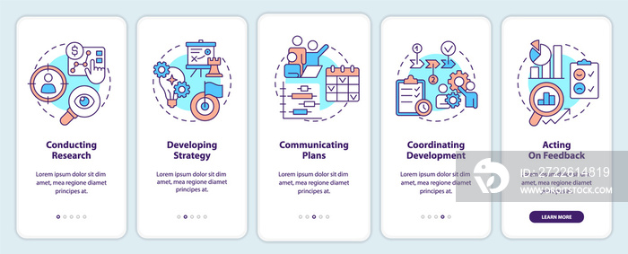 Product management onboarding mobile app screen. Business walkthrough 5 steps graphic instructions with linear concepts. UI, UX, GUI template