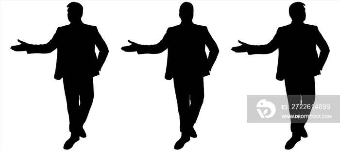 Young guy in a business suit is presenting, is presenting something. Front view, full face. Teacher is in motion, goes and gestures. Man at the presentation, confident walk. Successful businessman.