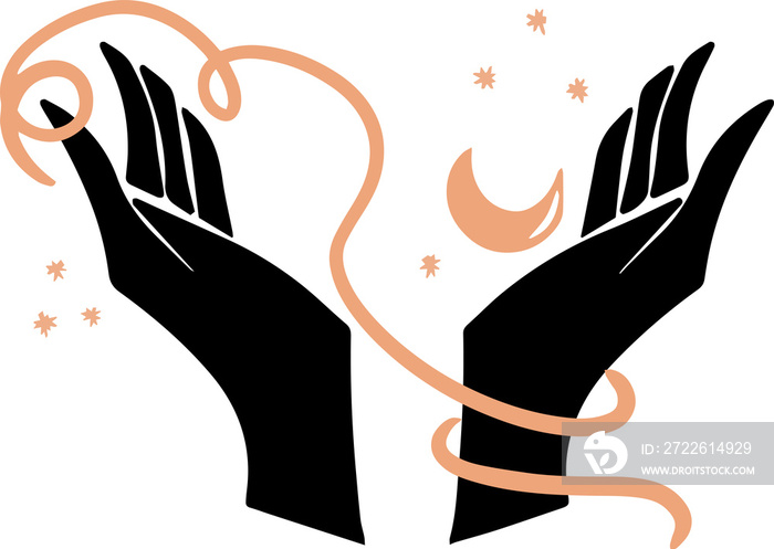 Flat illustration of black woman hands with stuff. Elegant female hands hold the moon.