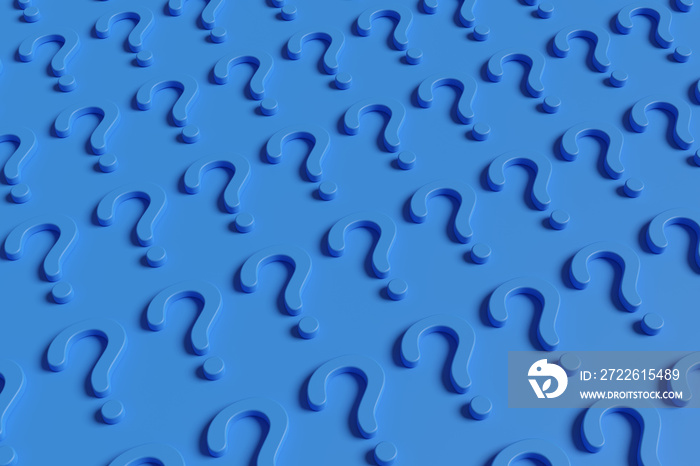 Red question mark pattern on blue background. 3d illustration.