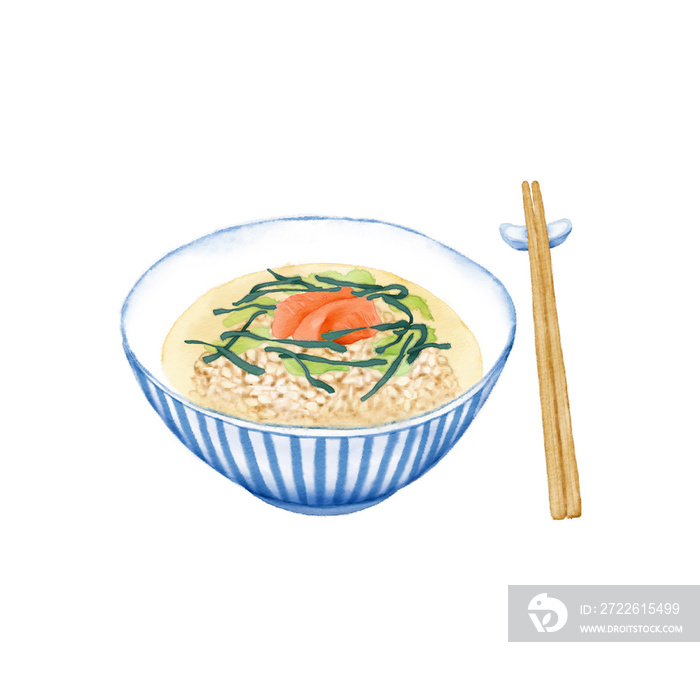 Watercolor Illustration of Japanese Cuisine - Salmon chazuke in a bowl, with chopsticks next to it | 三文鱼茶泡饭