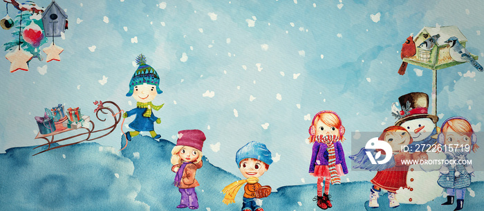 Winter time, watercolor for children