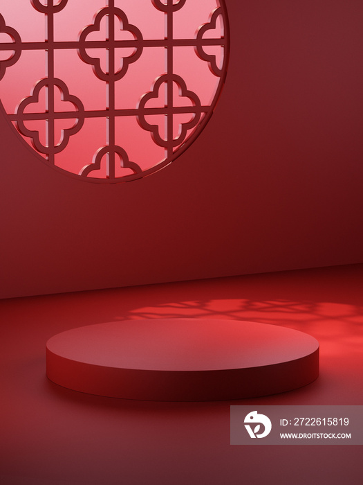 chinese style minimal abstract red podium background. concept for product and branding presentation. 3d rendering illustration.