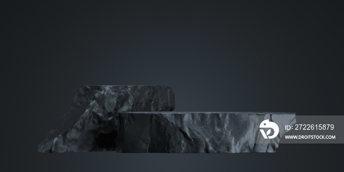 3D black stone podium for product display on black background. 3D rendering illustration