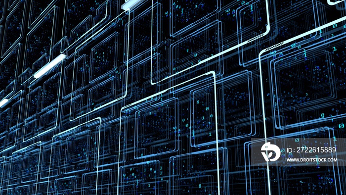 3D Rendering of binary data on monitor screen panels in sci fi theme data center. Concept for big data, artificial intelligence, business technology, machine learning