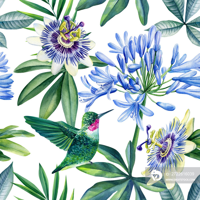 Watercolor seamless pattern. Hummingbird, leaves and passionflora flowers, jungle background.