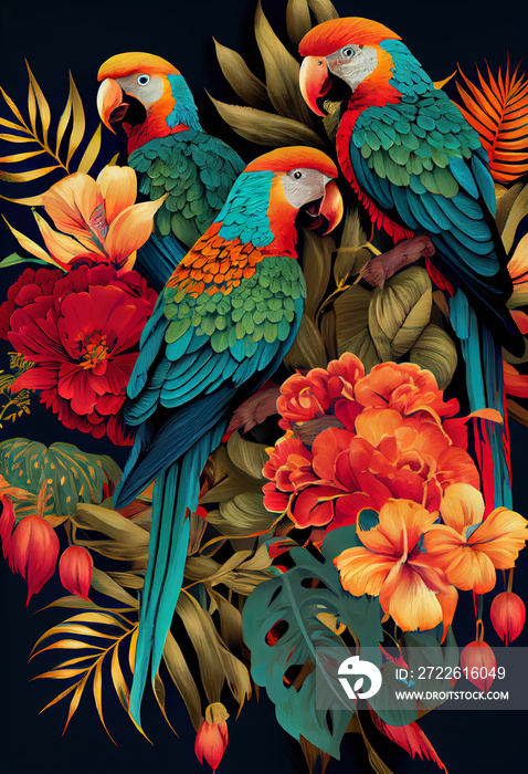 tropical leaves greenery with green leaves and colorful parrot birds over black bsckground