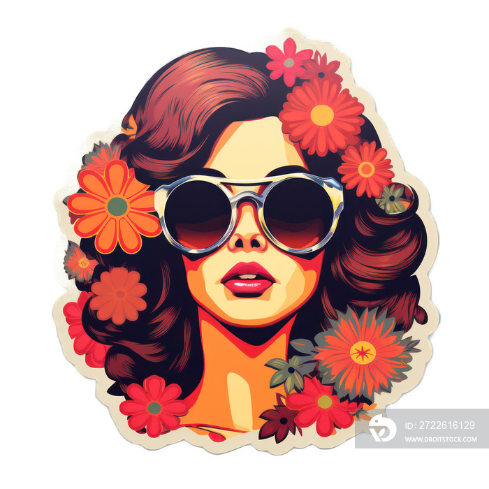 female energy flower power illustration sticker, woman surrounded by flowers