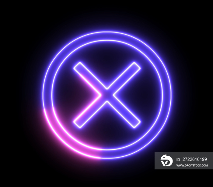 Neon cross mark, x symbol. Wrong, error concept with glowing, neon light.