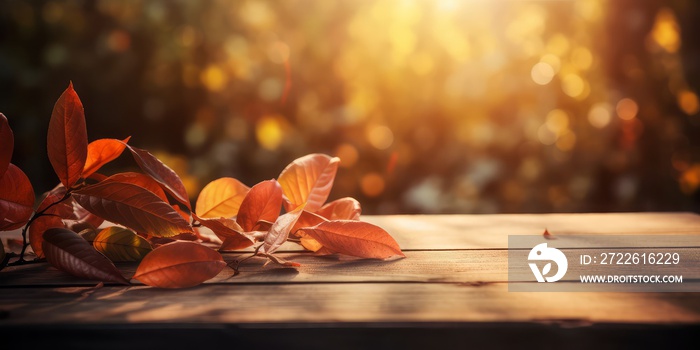 Autumn Table - Orange Leaves And Wooden Plank At Sunset In Forest