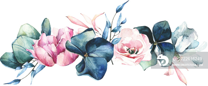 Watercolor painted floral border bunch. Bouquet with leaves, blue hydrangea flowers, pink roses. Cut out hand drawn PNG  on transparent background. Watercolour isolated clipart drawing.