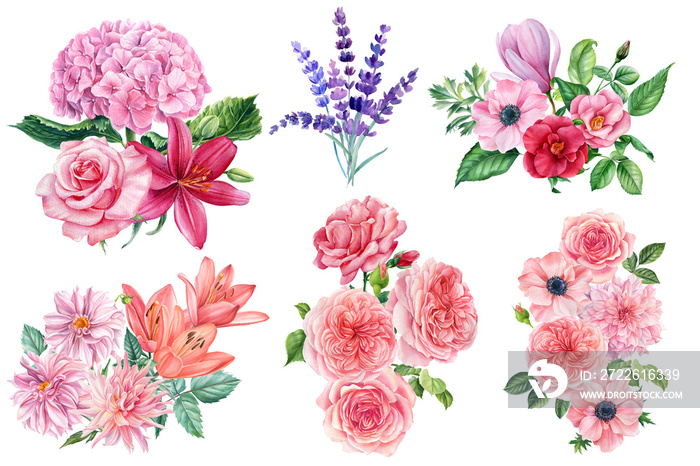 Floral branches of roses, lavender, lilies, hydrangea and anemone. Watercolor hand drawing, botanical painting