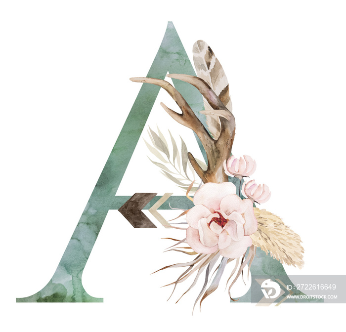 Watercolor green letter A with antlers, dried leaves and tropical flowers bouquet, Boho illustration