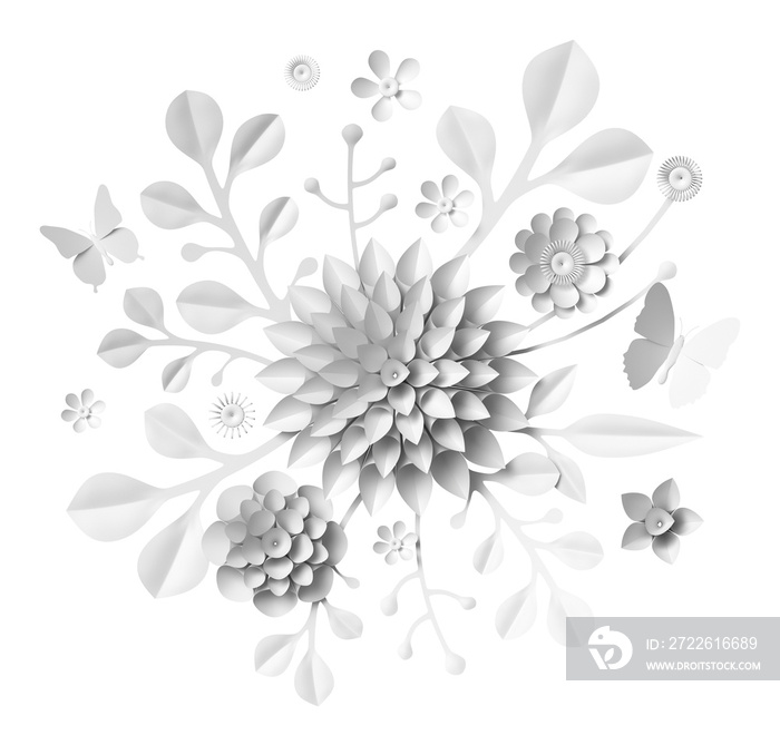 White paper craft flower bouquet with butterfly. 3d flower illustration