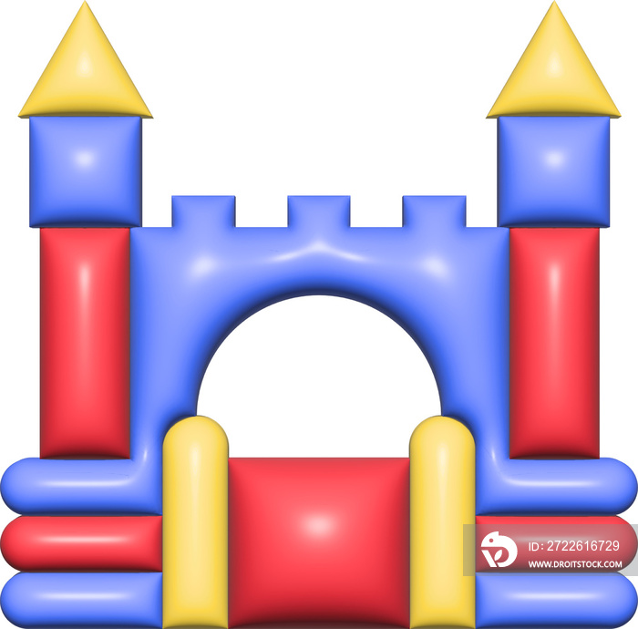 Inflatable bouncy castle and children hills on playground. Childhood activity in the park. Realistic illustration