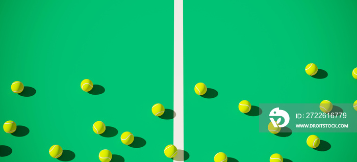 Minimal composition for sport and healthy concept. Tennis ball on green tennis court background. 3d rendering illustration.