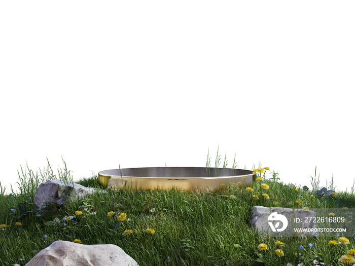 Gold podium in meadow for product presentation and on transparent background.3d rendering