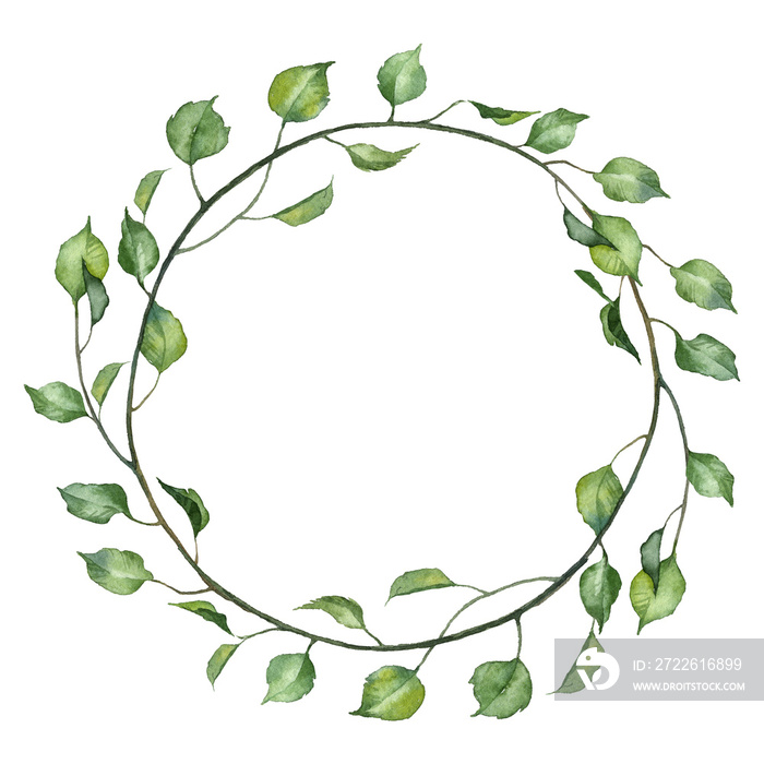 Circle floral wreath. Hand painted watercolor design for greeting cards and invitations. Green botany leaves on twigs in round frame