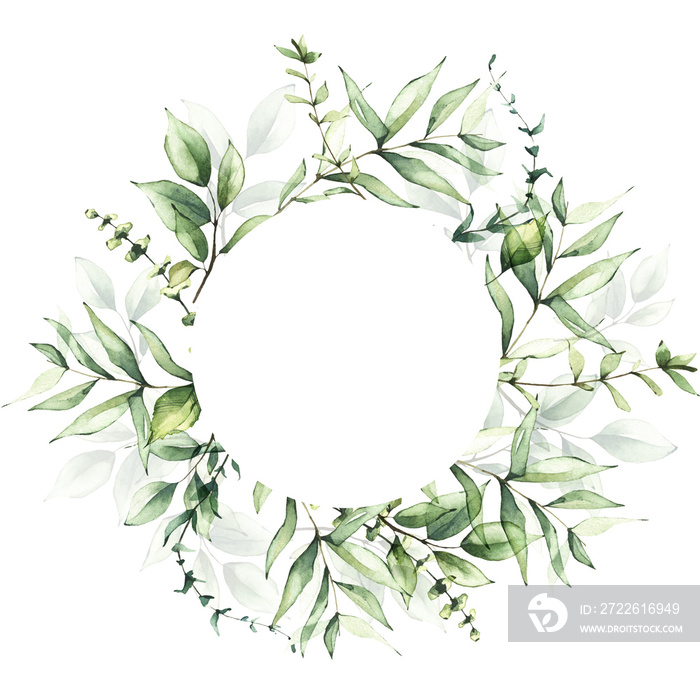 Delicate isolated greenery round  template watercolor painted. Background with branches, green leaves. Wedding ready design. Cut out hand drawn PNG  on transparent background.