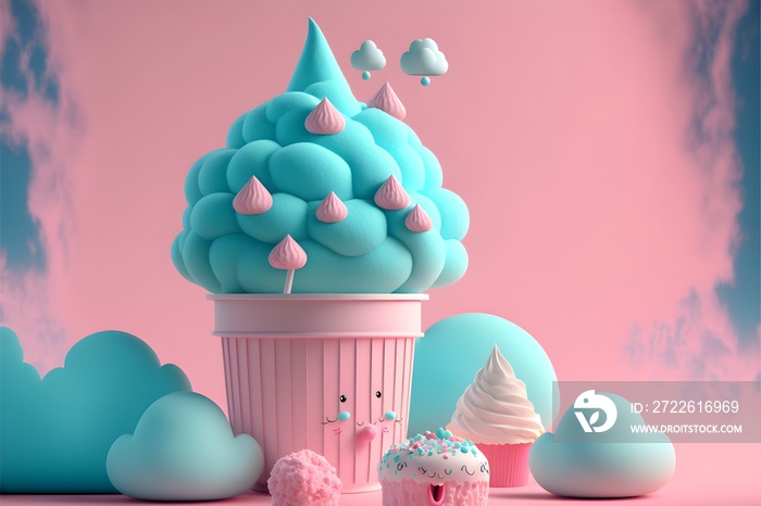 Cutes dolls and ice cream on a cotton candy land, illustration of a fantasy landscape.