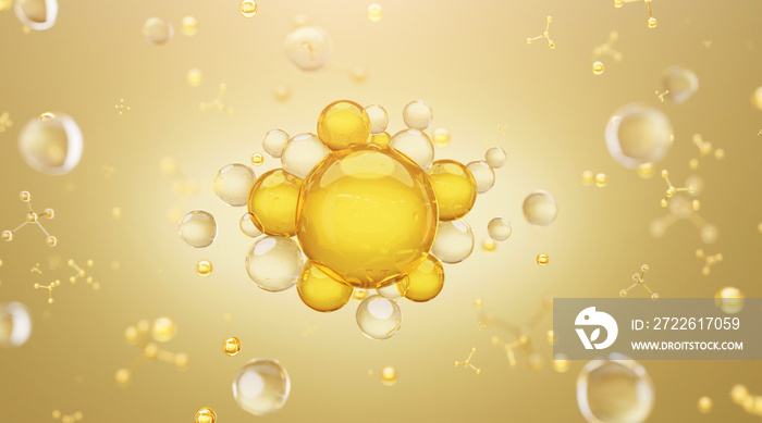 Molecule gold on soft background, concept skin care cosmetics solution. 3d rendering.